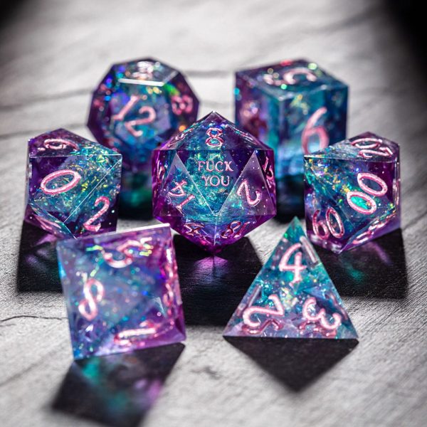 Purple Blue Glitter Resin F Word DnD D&D Dice Set For Sale - Image 4