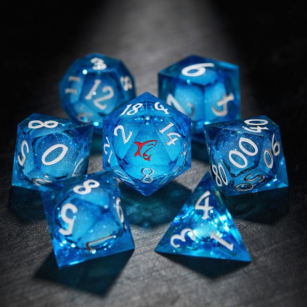 Aquamarine Liquid Core Resin Raging Sharks Amidst the Tempestuous Ocean DnD D&D Dice Set Hot on Sale - Image 4