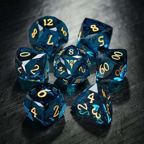 Multifaceted Dark Blue Glass Flying Dragon DnD D&D Dice Set Discount - Image 2