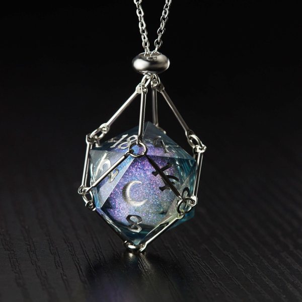 Dark Blue Liquid Core Resin Galaxy Dice Moon DnD D&D D20 Necklace Discount