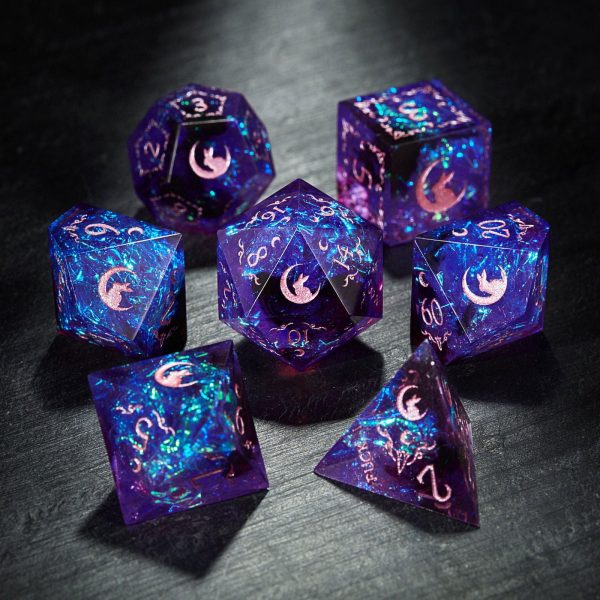 Purple Glitter Galaxy Antler Moon Motif All Bunny Resin DnD D&D Dice Set Online now - Image 2