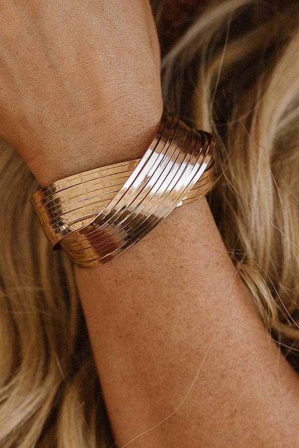 Gold Crossover Cuff Wide Bracelet For Sale