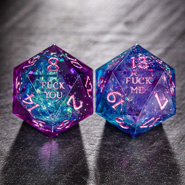 Purple Blue Glitter Resin F Word DnD D&D Dice Set For Sale