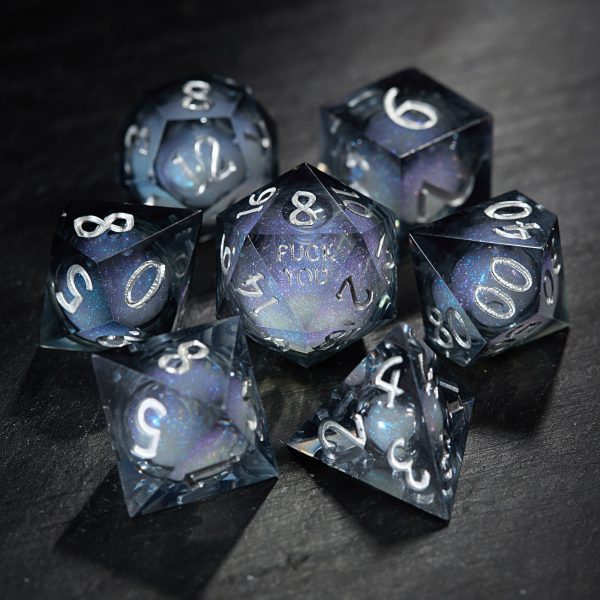 Grayish Blue Liquid Core Resin Galaxy Dice F Word DnD D&D Dice Set Online - Image 2
